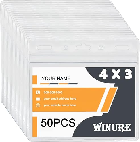 50 portatarjetas impermeables (se ajusta a insertos de 4 x 3 pulgadas), soporte horizontal para credencial de nombre, soporte sellable con