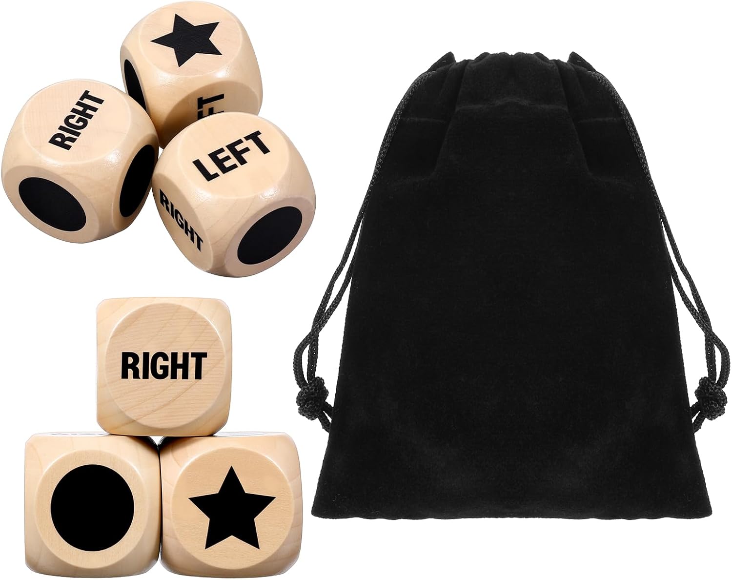 3Pcs Left Right Center Game Dice 1.2 Inch Fun Left Right Roll Dice Game Set Lotus Wood Dices with Drawstring Bag Wooden Dices Accessorie Easy to Store and Carry Around for Travel