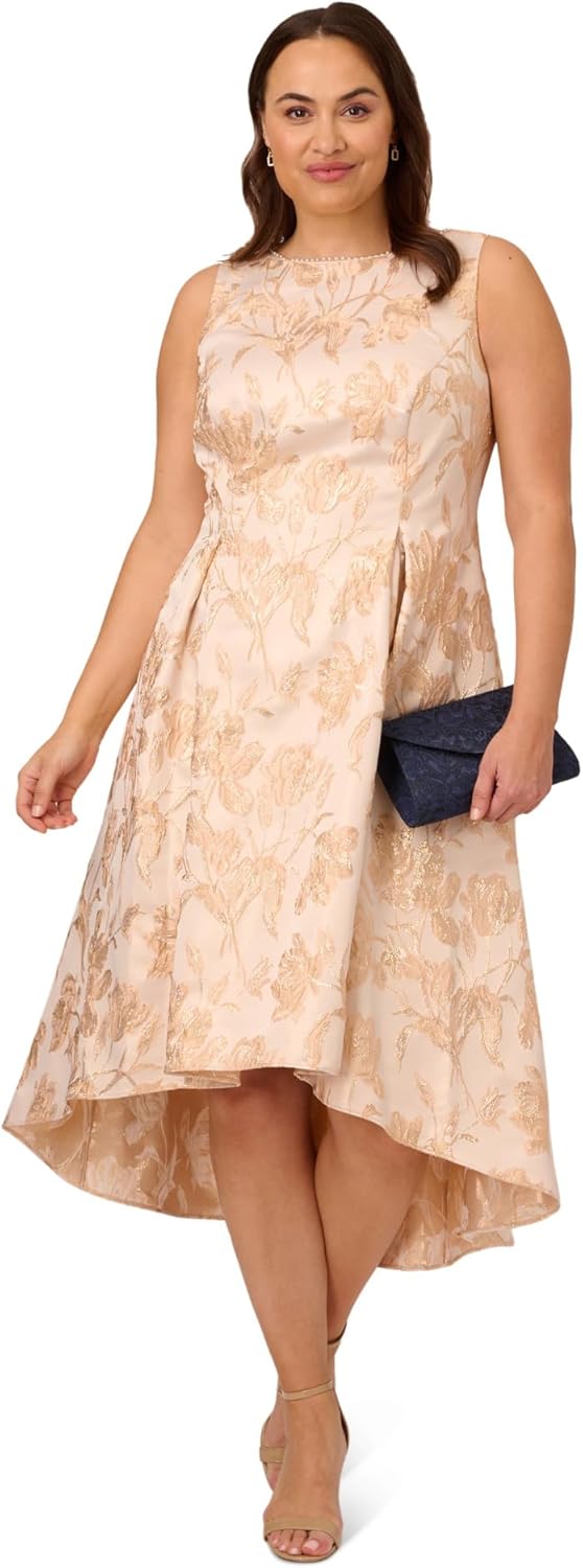 Adrianna Papell Women's Plus Pearl Metallic Jacquard Dress, Blush/Gold, 16