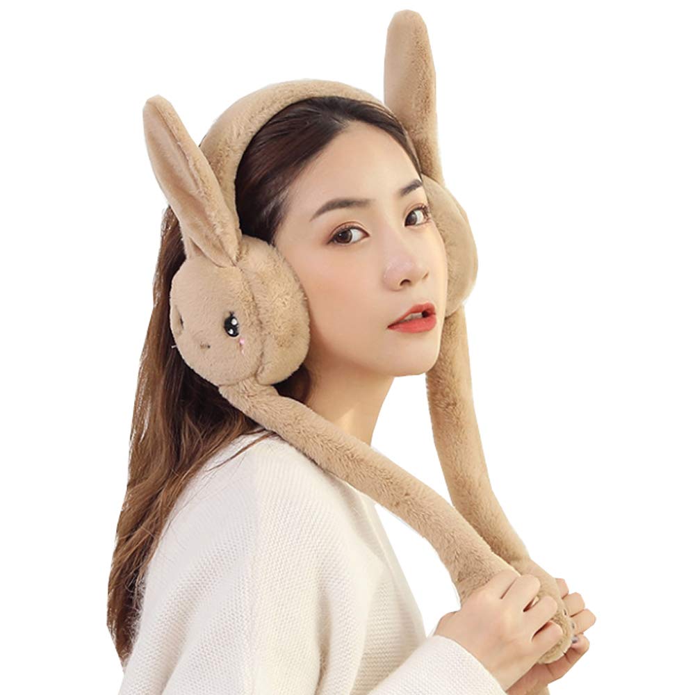 Women's Winter Plush Earwarmer Bunny Earmuffs with Moving Jumping