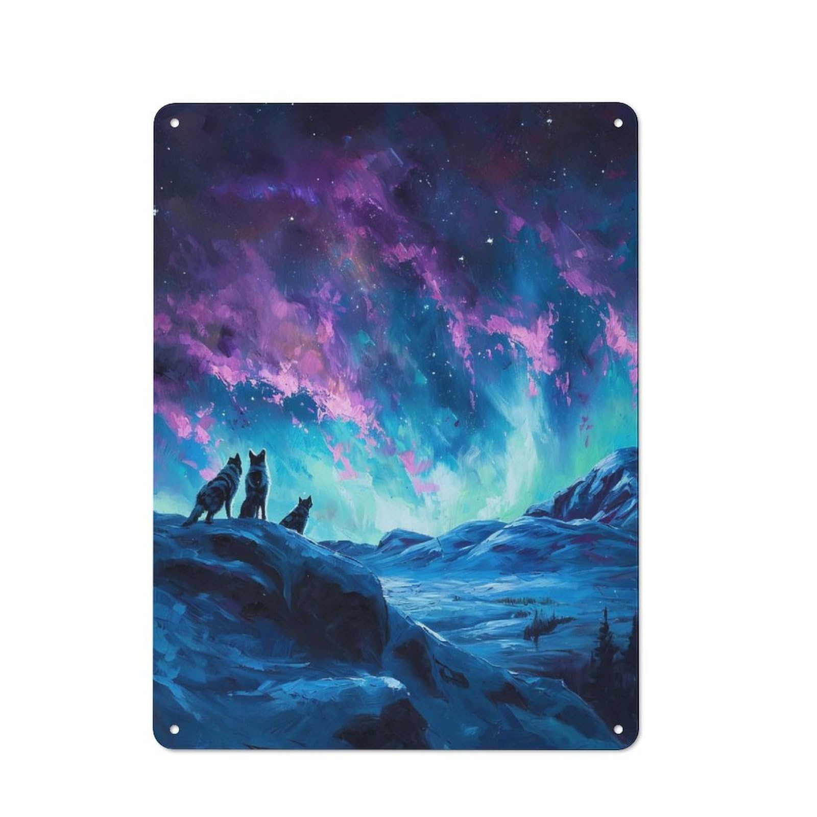 Character Decorative Tin Plaque 40x30cm Featuring Wolves Under Aurora Borealis Painting, Home Wall Decor for Flat, Dorm Room, Lounge Or Cafe