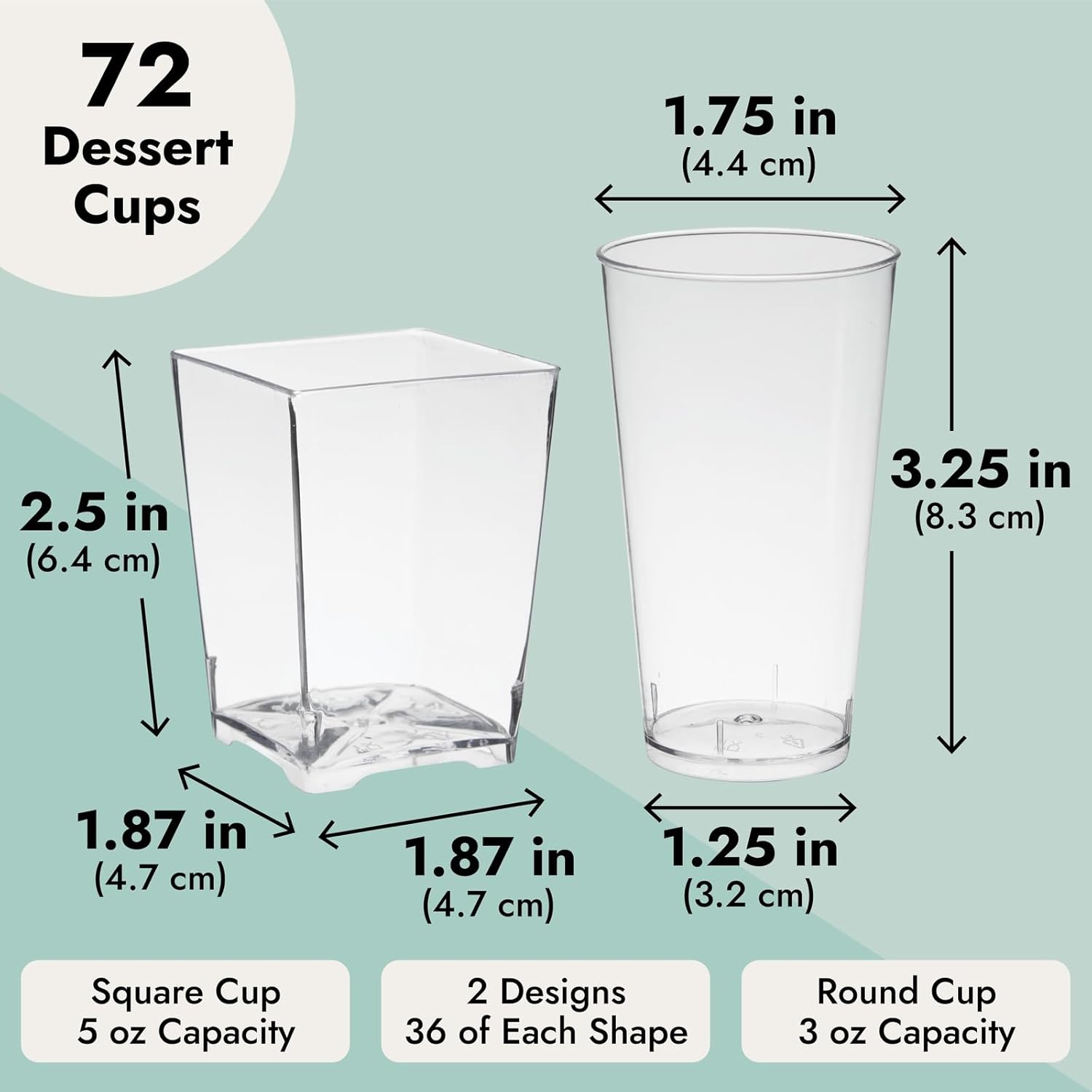 Juvale Mini Dessert Cups - 72-Piece Clear Plastic, 3oz & 5 Oz - Disposable & Reusable Dessert Shot Glasses & Appetizer Cups for Weddings, Baby Showers, Birthday Parties