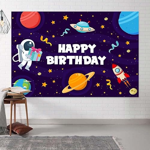 Miniatura 10 de Telón de fondo de feliz cumpleaños, 7 x 5 pies, galaxia con purpurina para niños, astronauta, fotografía de nave espacial, fondo de tela, universo