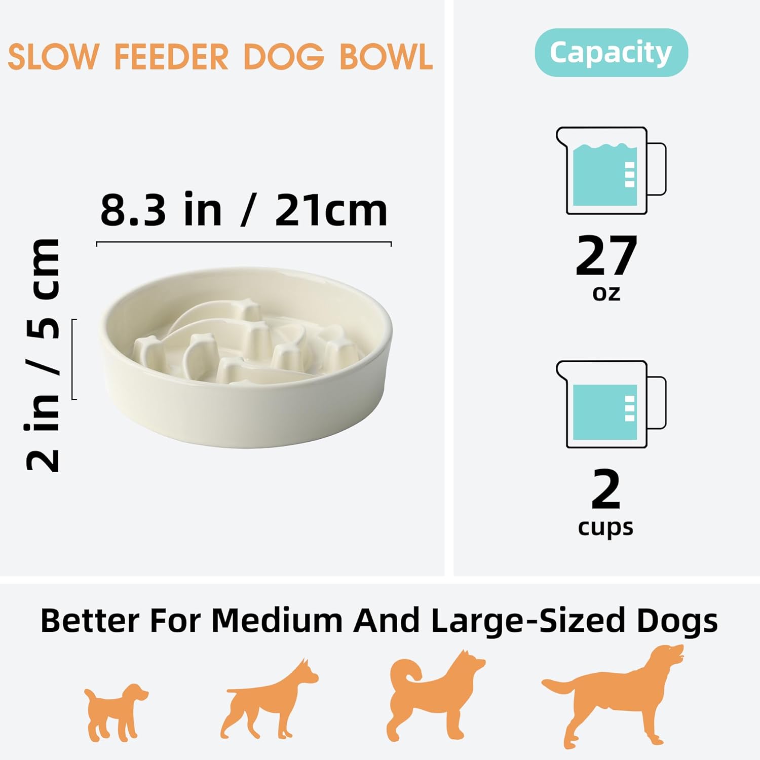 Ceramic Slow Feeder Dog Bowls Large Breed, 2 Cups Slow Eating Dog Bowl, Anti-Gulping Pet Food Bowl Reduce Choking, Heavy Puzzle Maze Design Pet Dishes for Fast Eaters, 8.3 inch - Beige - Image 5