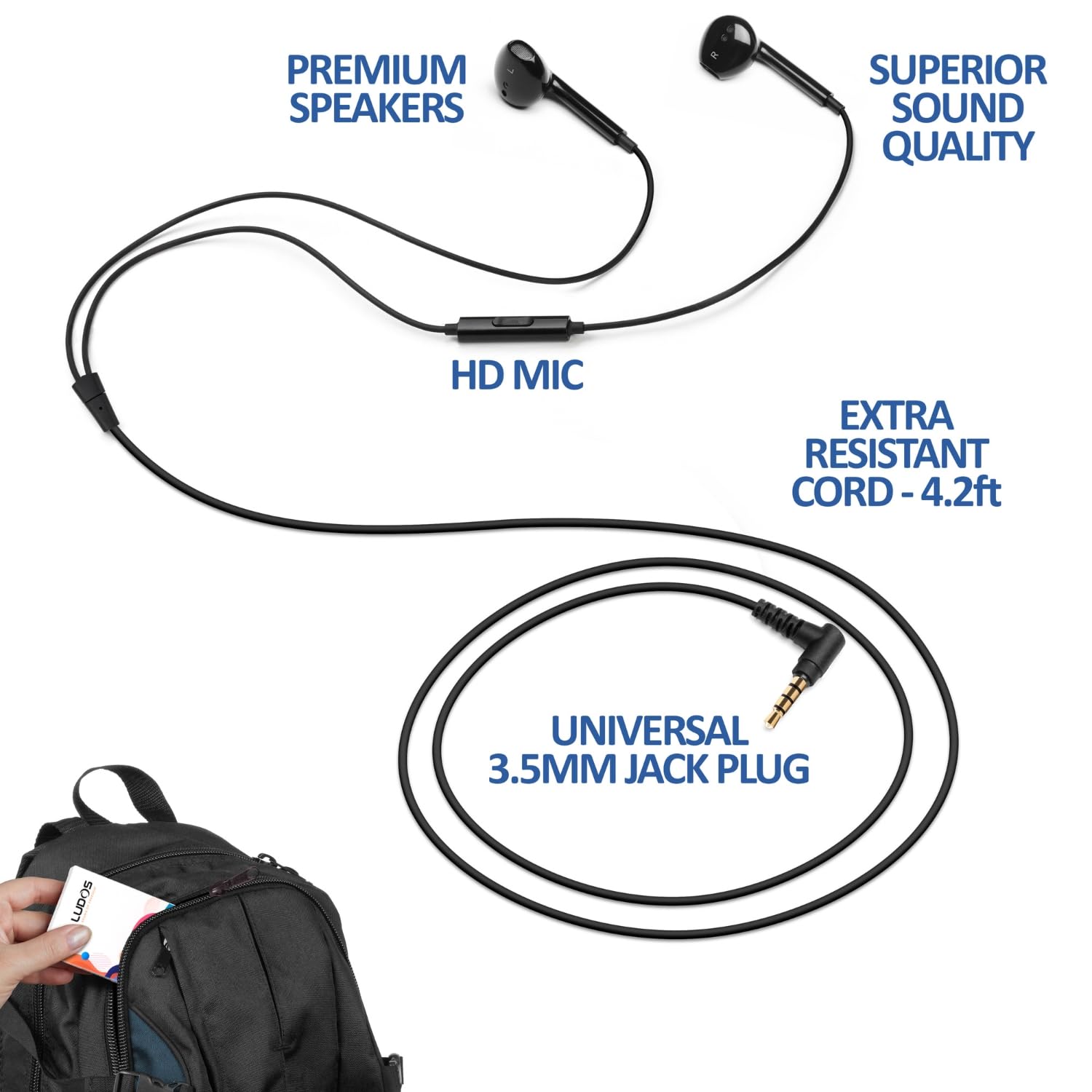 LUDOS Zenith Écouteurs, Garantie 2 Ans, Écouteur Intra-Auriculaires Filaires, Casque avec Microphone, Compatible avec Tablettes et Ordinateurs Portables Samsung, Huawei, iPhone, MP3 Players - Noir