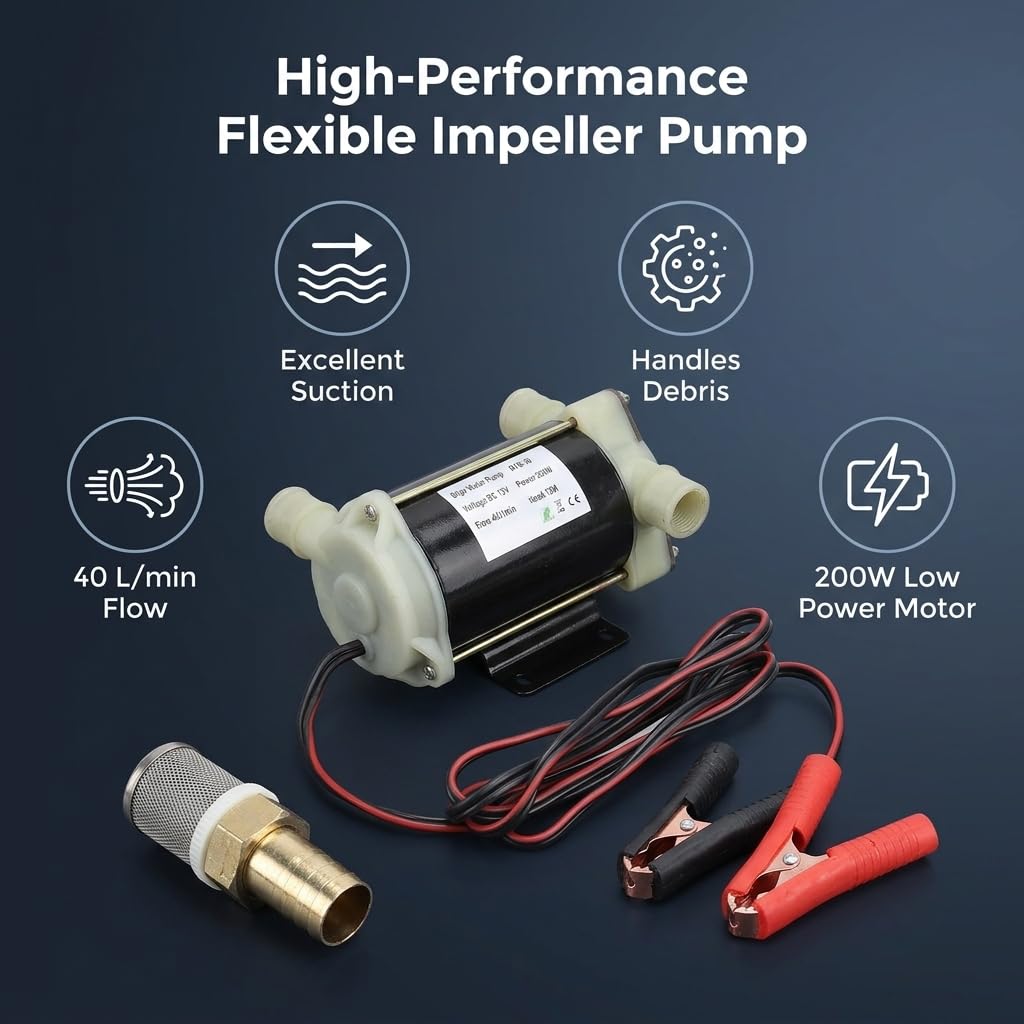 Bomba de Achique Autocebante 12V 200W, Impulsor Flexible, 40L/min, Transferencia de Agua Dulce y Salada