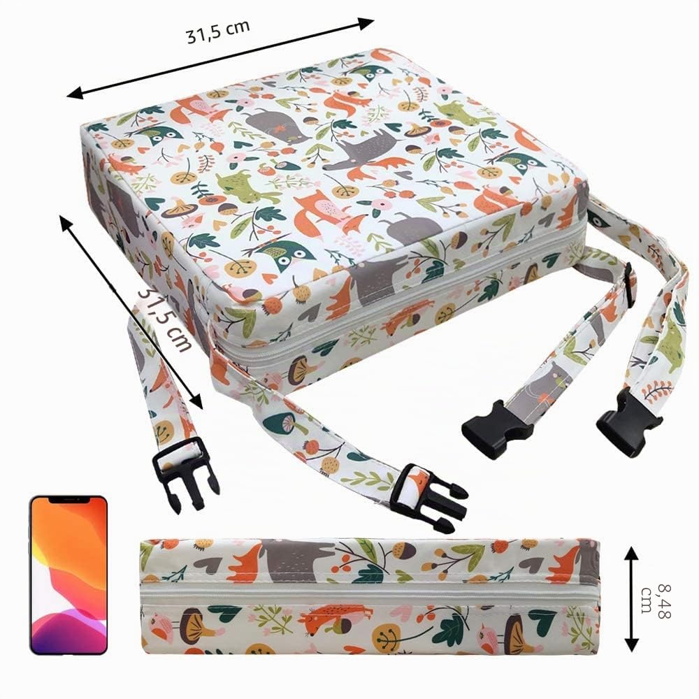 Rehausseur Chaise Enfant Coussin, en Toile de Coton Lavable avec 2 Sangles, Boucle de Sécurité, Motif de Dessin Animé Pour Enfant (Animaux-Blancs) 111