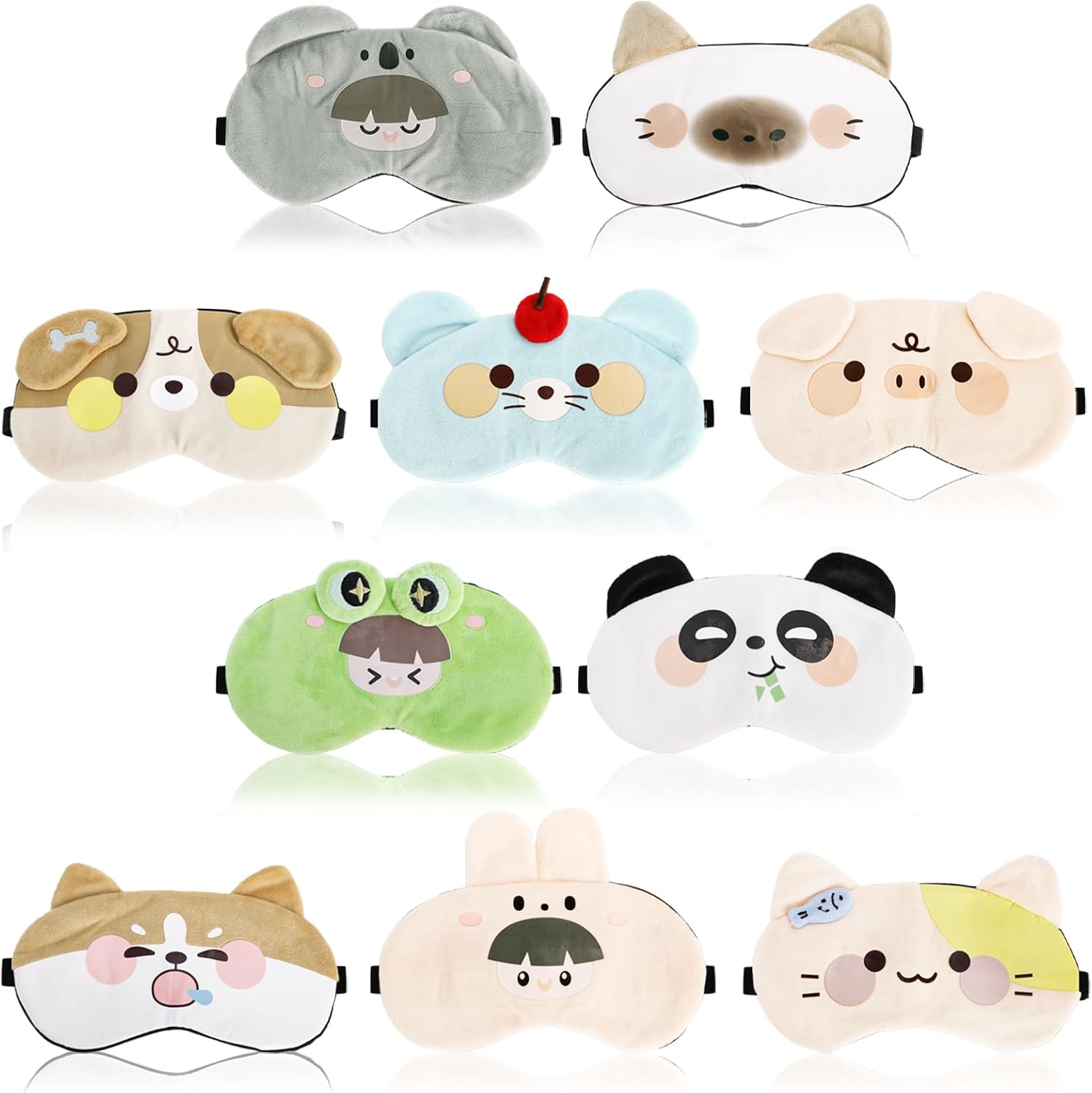 Cididu 10 Pack Cute Eye Sleep Mask for Kids, Cartoon Animal Eye Cover with Adjustable Strap, Soft Lightweight Night Sleep Blindfolds Funny Cat Eyeshade for Girls Teens Women Men Travel Yoga Nap Party