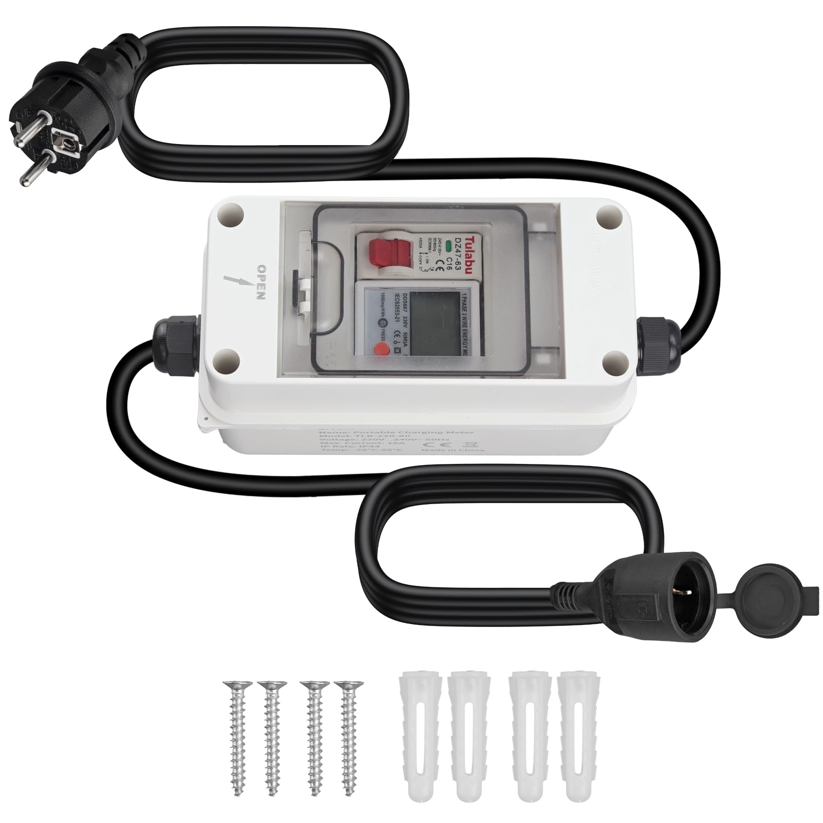 KAMTOP Medidor Consumo Eléctrico Monofásico 230V 80A Contador Energía Digital con Disyuntor LS Monitor Electricidad Portátil IP65 Medidor Energético Cable H07RN-F 3m VDE para Hogar RV Camping Caravana