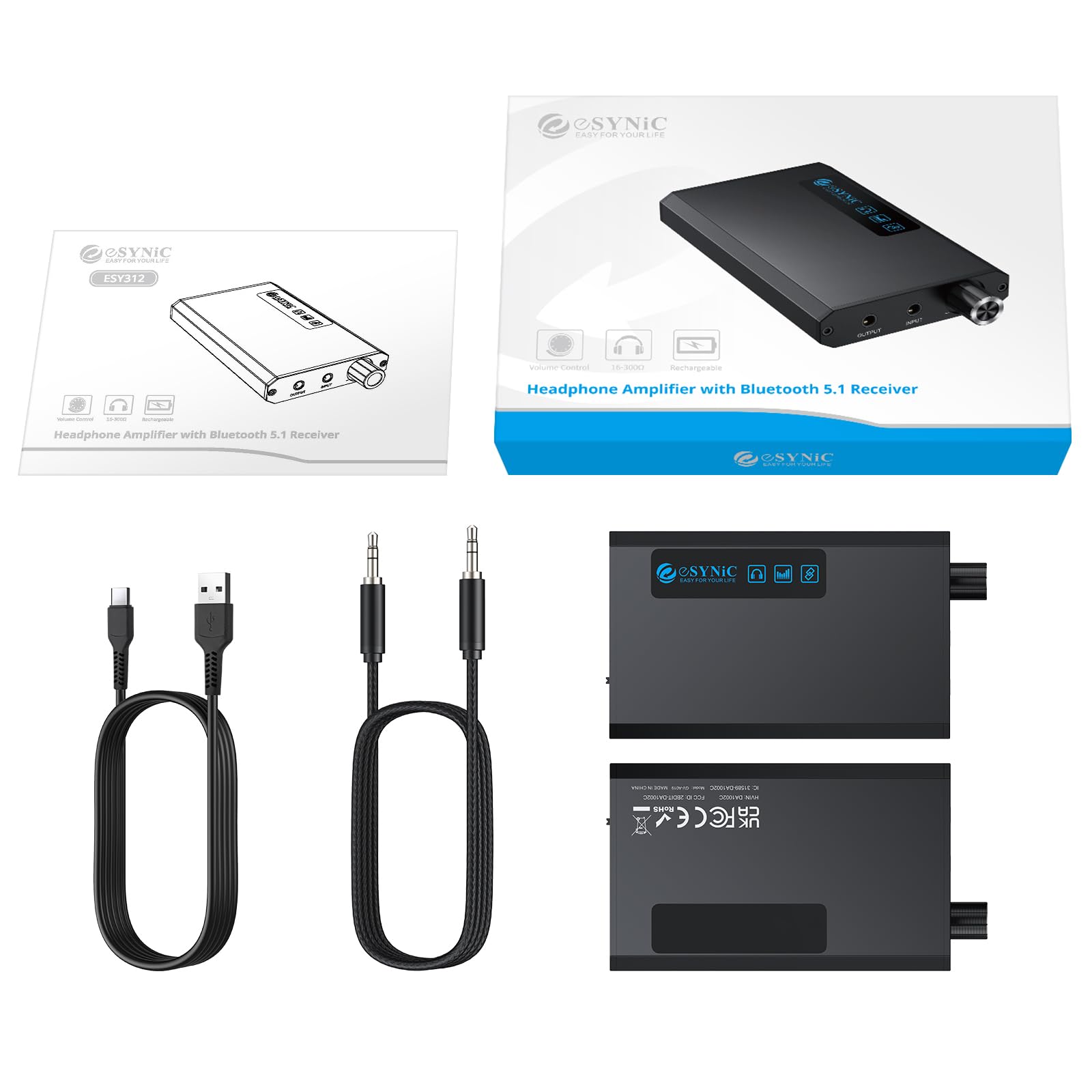 eSynic Amplificateur Audio avec Récepteur Bluetooth 5,1 Amplificateur de Casque HiFi 16-300Ω Interrupteur de Gain Entrée Sortie AUX 3,5 mm Ampli Casque Portable Batterie 1500mAh pour MP3 MP4 Téléphone