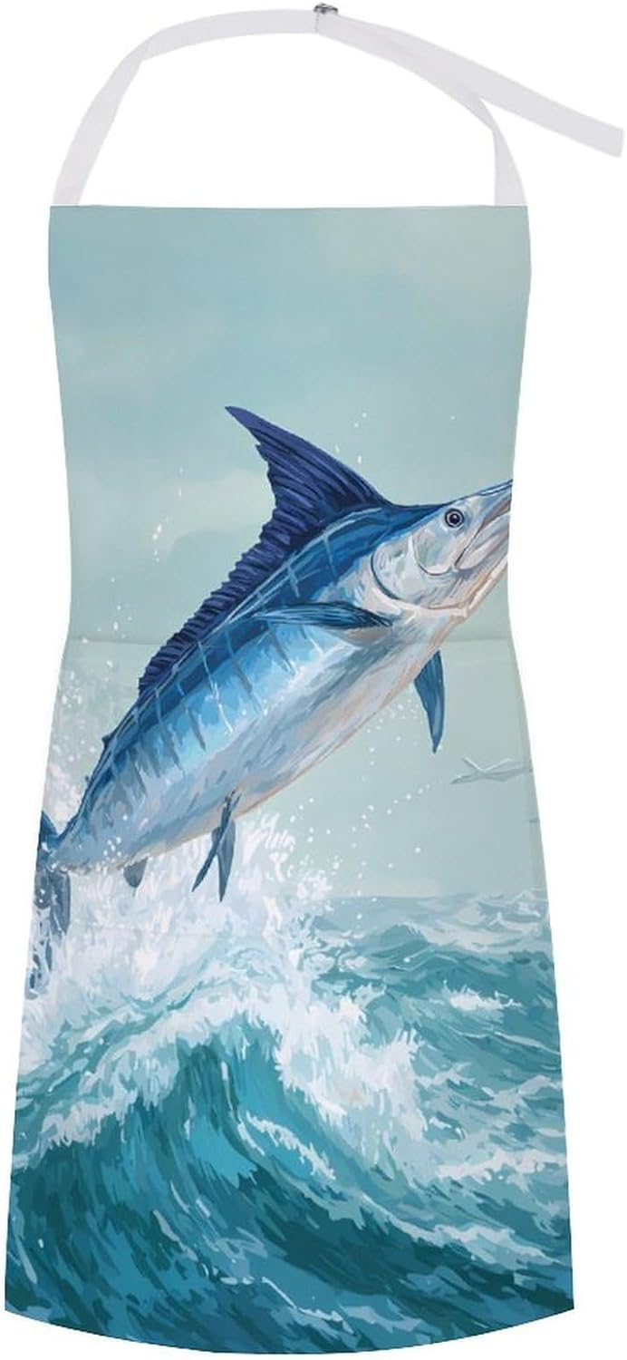 A Blue Marlin Fish Jumping Funny Apron Chef Aprons with Pockets for Gardening Cooking Kitchen
