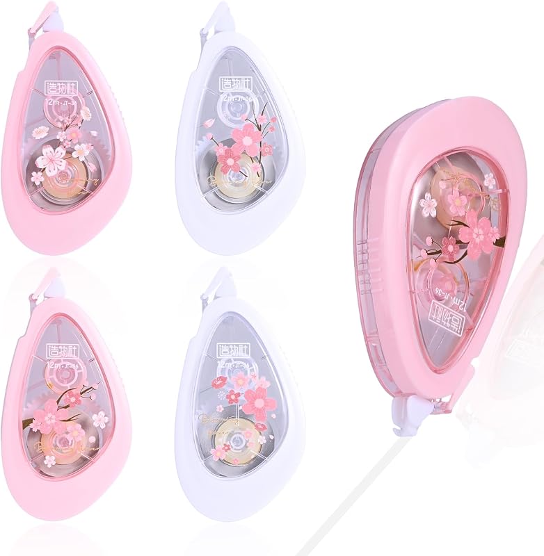 Temiary 4 Pcs Correction Tape, White Smooth Pull Out Tape, Cherry Blossom | Instant Corrections, Aesthetic Flower Pattern Correction Tapes for Students School Office Supplies