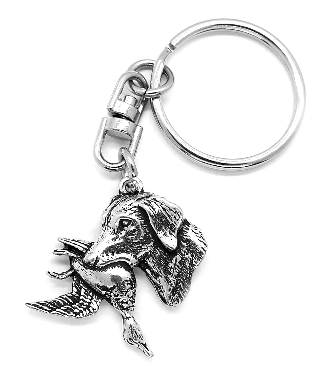 Labrador Dog with Duck Silver Pewter Keyring (single sided) in an organza pouch