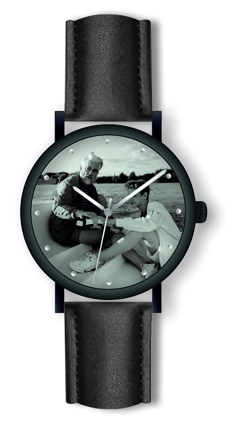 Uhr mit Foto personalisiertes Geschenk 40mm Lederband schwarz 3BAR Wasserdicht