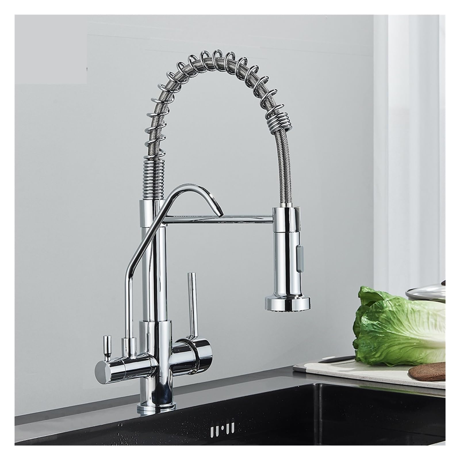 Filtre à eau de cuisine sur mitigeur extractible double commande