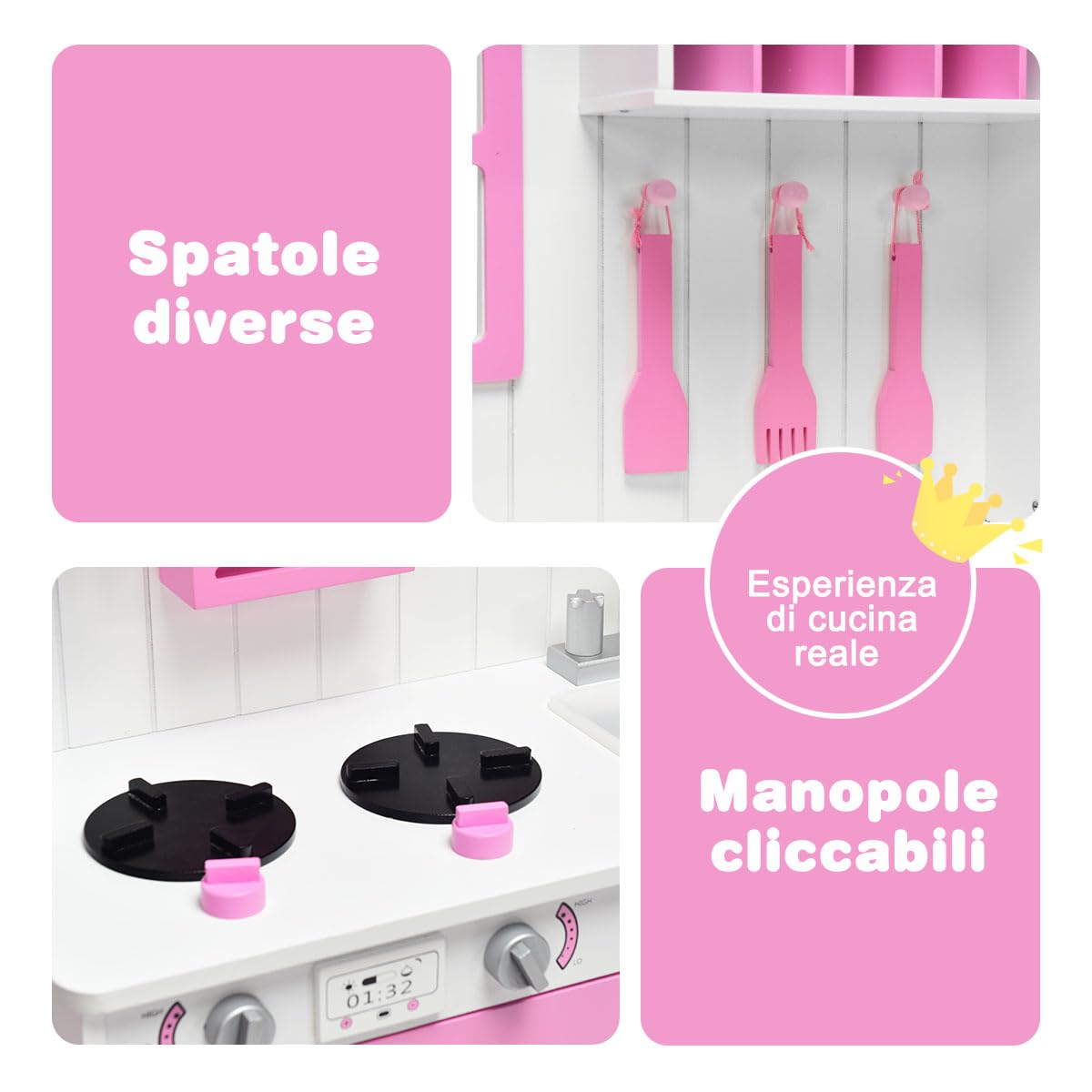 RELAX4LIFE Cucina Legno per Bambini, Cucina Giocattolo con Forno, Microonde e Fornelli, Mini Cucina, Giocattolo Educativo per Bambini 3+ Anni (Modello 1)