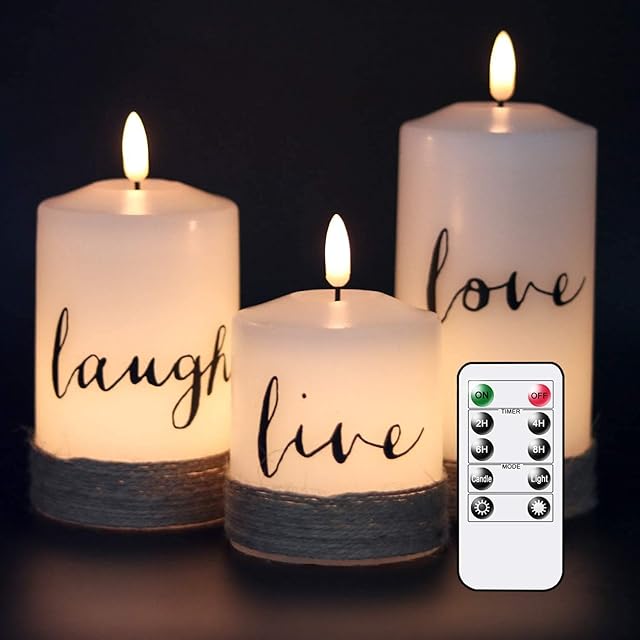 Eldnacele Flameless 3D Wick Candles Flickering with Timer Remote, Hemp Roap and Live Laugh Love Artistic Word Design for Wedding Thanksgiving Christmas Tabletop Decor, Set of 3