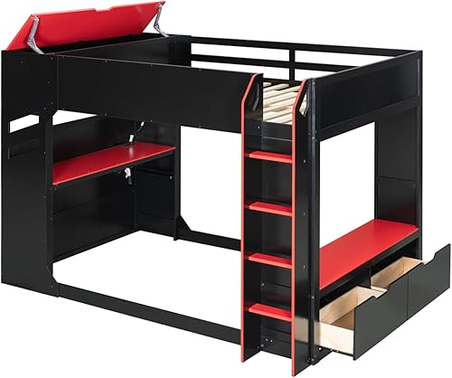 Miniatura 23 de Cama loft de madera para juegos de tamaño matrimonial con escritorio para computadora y luces RGB, cama para juegos, armario abierto integrado y