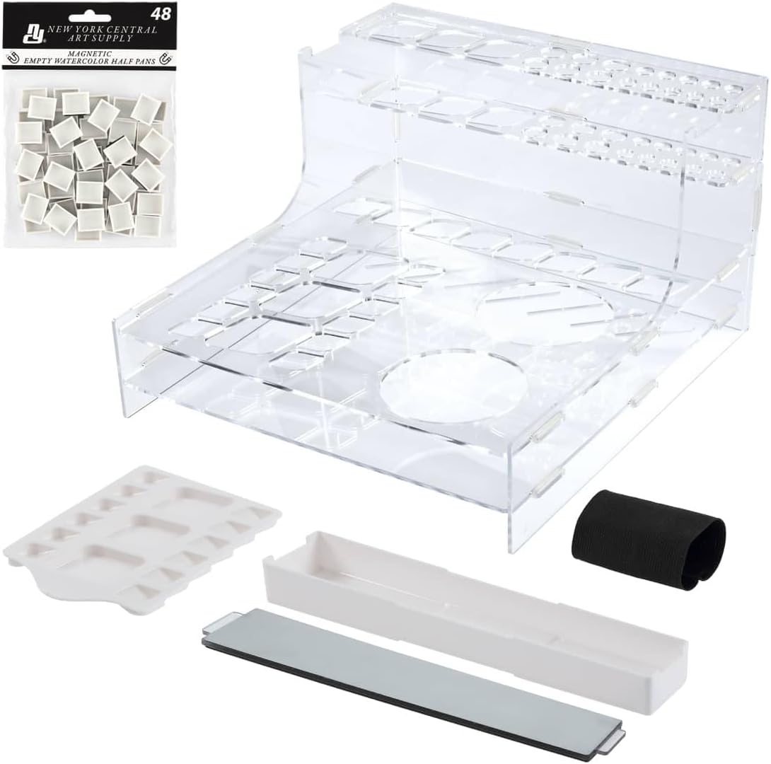 HG Art Concepts Mezzo Artist Studio Watercolor Organizer - Watercolor Paint Brush Holder w/Palette, Drip Pan, Collapsible Cups, Magnetic Half Pans & Storage, Organization System