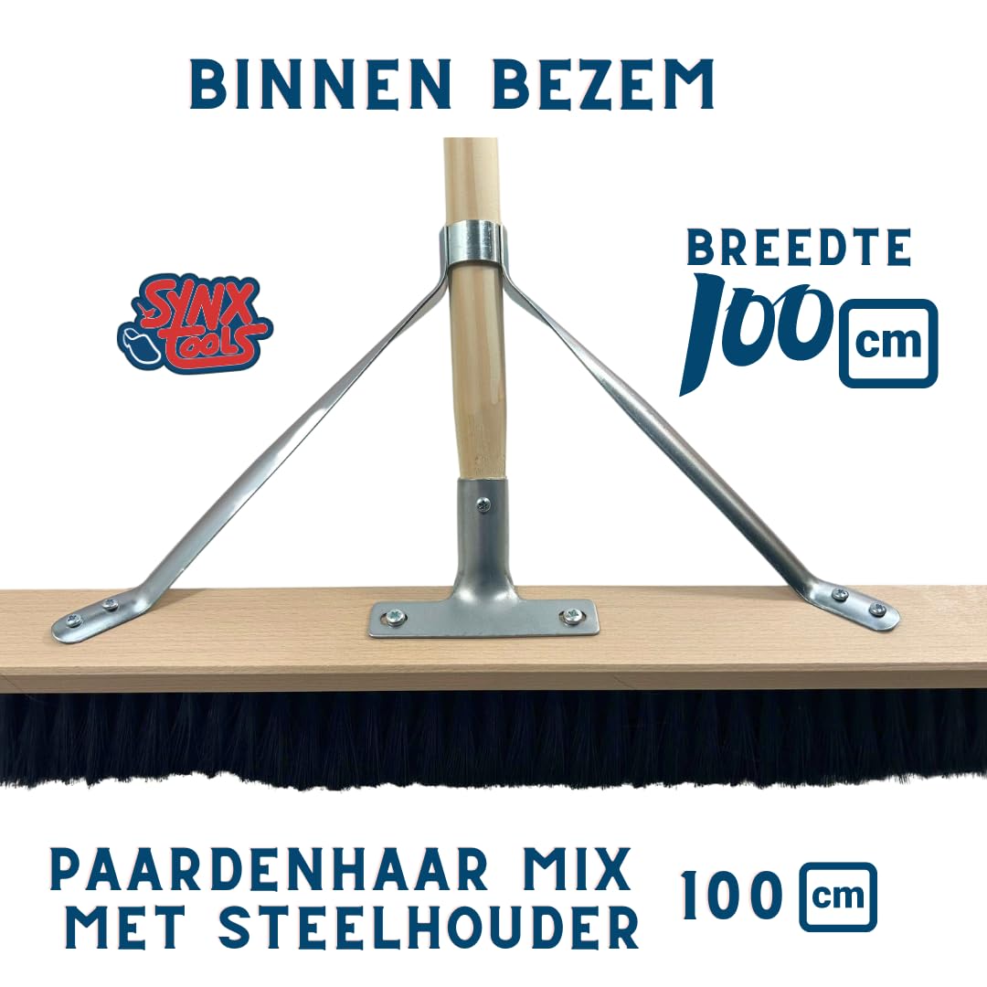 Hallenfeger 100cm mit Stiel, Rosshaarbesen mit weichen Borsten, Besen mit Stiel für Innenbereiche, Kehrbesen und Stubenbesen, Hausbesen Schwarz mit Holzstiel