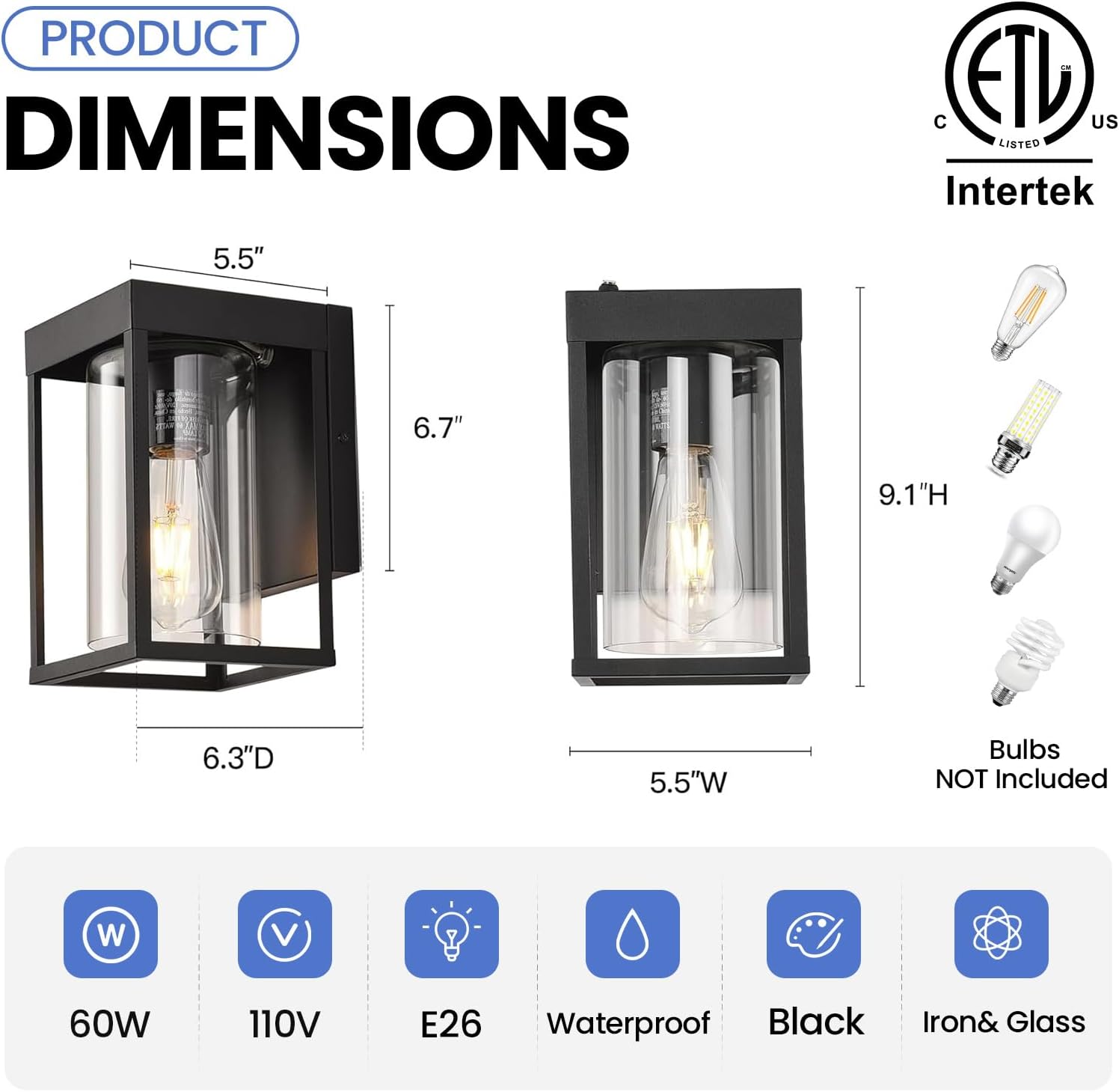 Outdoor Wall Lantern, Dusk to Dawn Outdoor Wall Sconce, 2-Pack Exterior Wall Light, Black Front Porch Light with Clear Glass, Small Waterproof Exterior Light Fixture for House, Patio, Garage