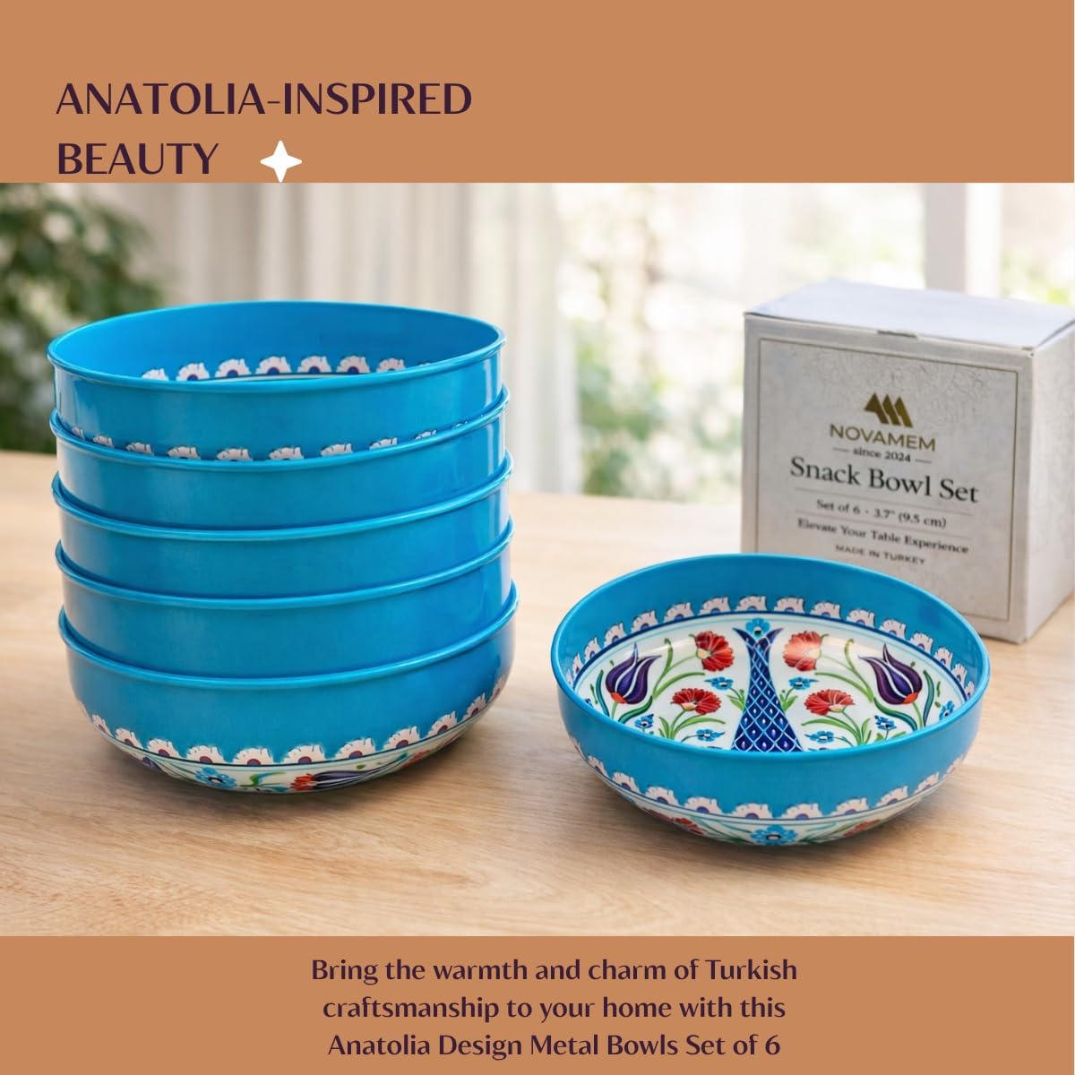 NOVAMEM Metal Snack Bowls 6 Pack, Floral Turquoise