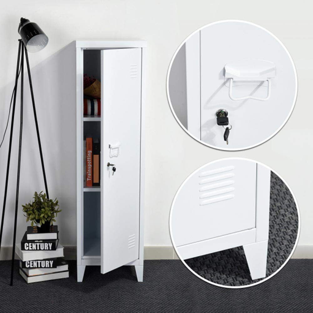 BAKAJI Armadietto Armadio da Spogliatoio Mobile Mobiletto in Metallo Chiusura Anta con Chiusura a Chiave 3 Ripiani Interni Dimensioni 138 x 38,5 x 38,5 cm Design Moderno industriale (Bianco)