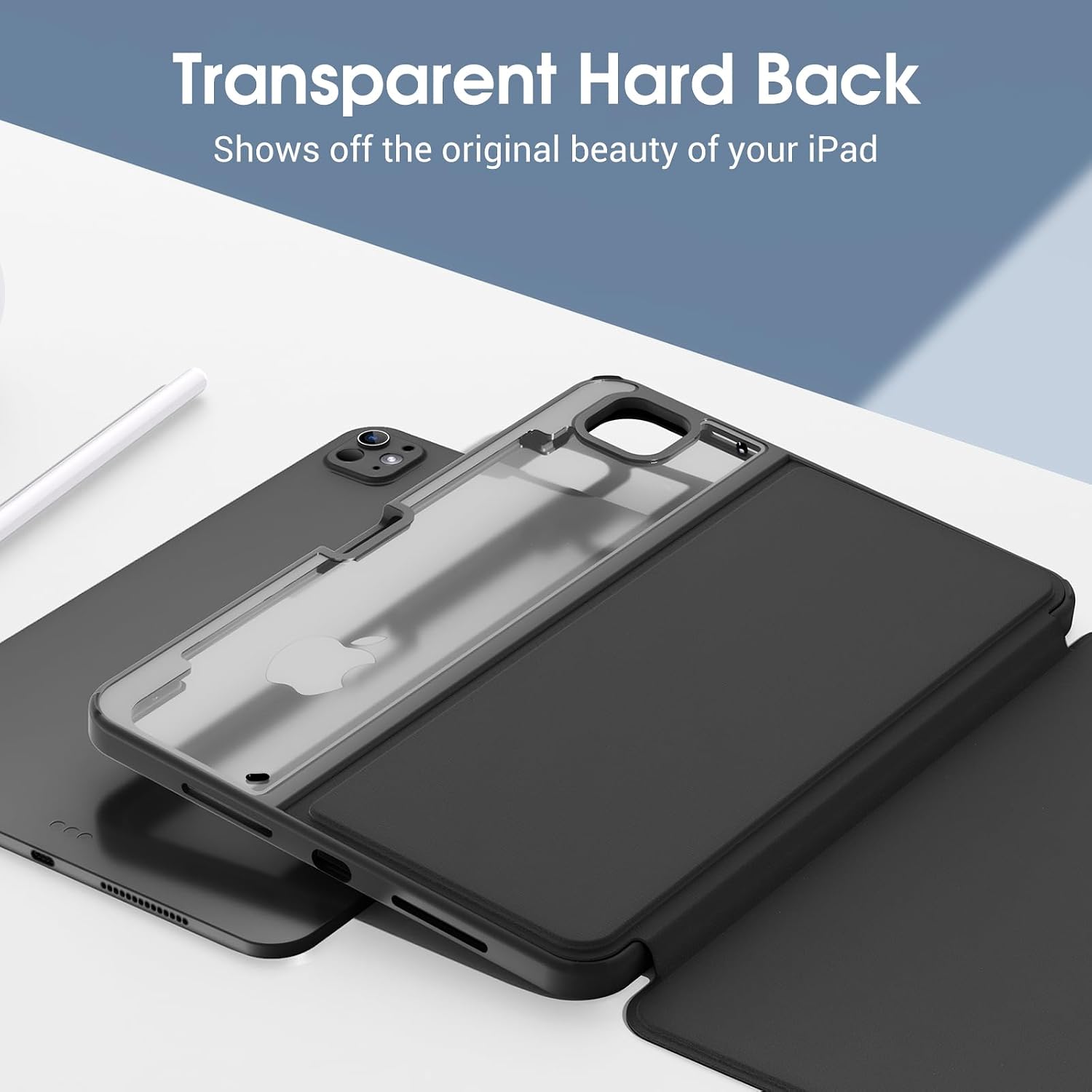 ProCase for iPad Pro 13 Inch 2025(M5) / 2024(M4) Case with Pencil Holder, Clear Back Tri-Angle Folio Stand Hard Shell Book Cover for iPad Pro 13” -Black