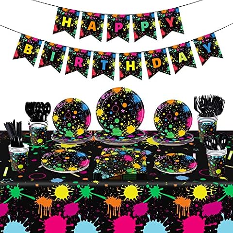 Glow Neon Party Supplies - in the Dark Theme Happy Birthday Banner, Plates, Napkins, Cup, Tablecloth, Knives, Fork, Spoon and Straws for Blacklight Decorations Cover