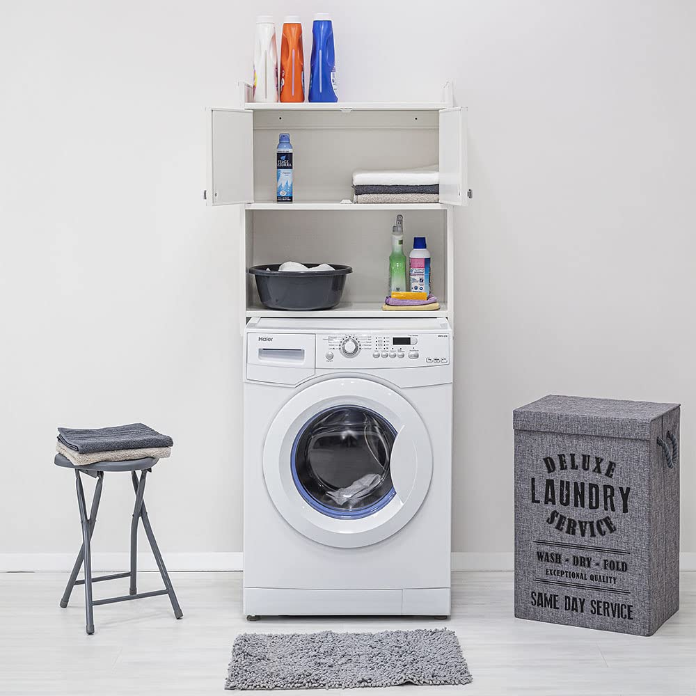 Inbagno Pensile sopra Lavatrice salvaspazio con Ante e Ripiani a Vista, L 65 x P 26 x H 79 cm, in PVC Bianco, Ideale per Esterni