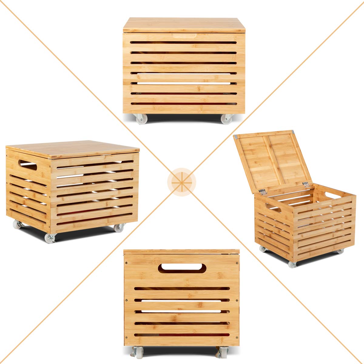 COSTWAY Caja de Almacenamiento Bambú con Ruedas Bloqueables, Baúl de Almacenamiento con Tapa, Organizador de Archivos para Documentos Tamaño Carta, Juguetes, Mantas, Almohadas