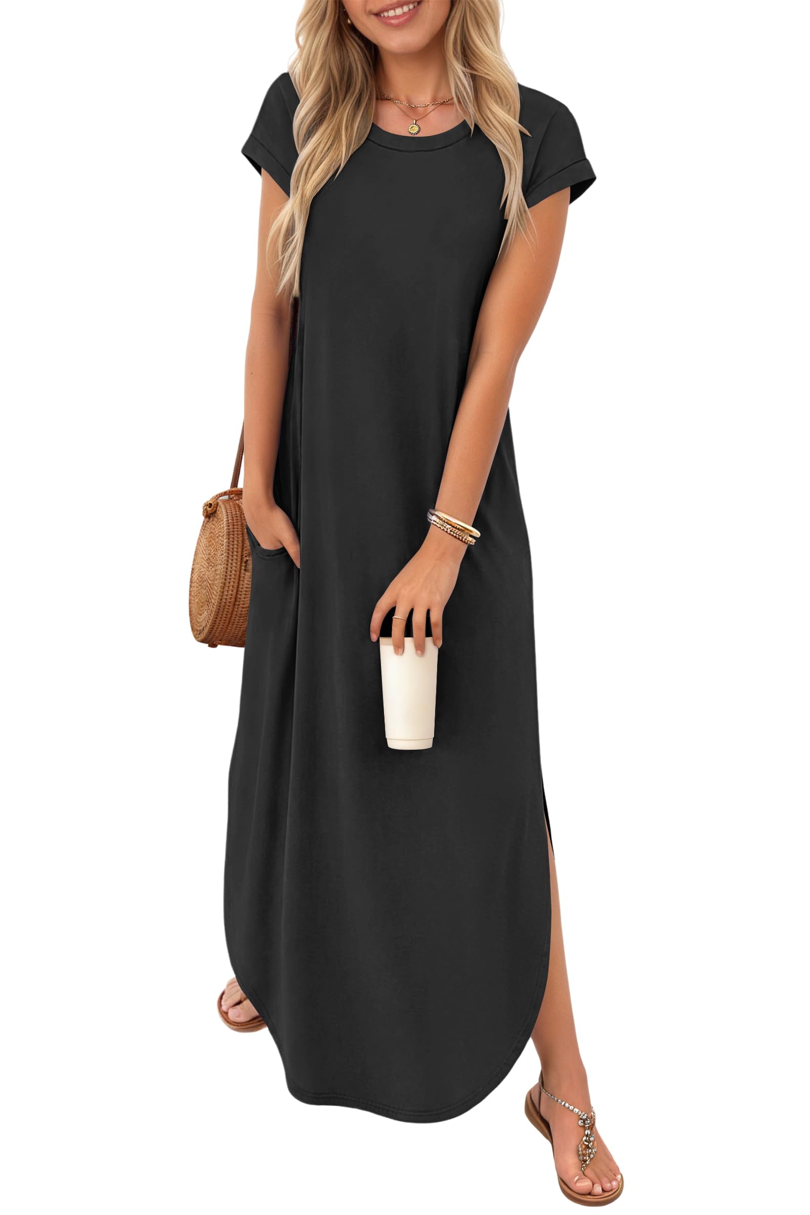 PLOKNRD Sommerkleid Damen Tasche T-Shirt Maxi Kleid Kurzarm Schlitz A Linie