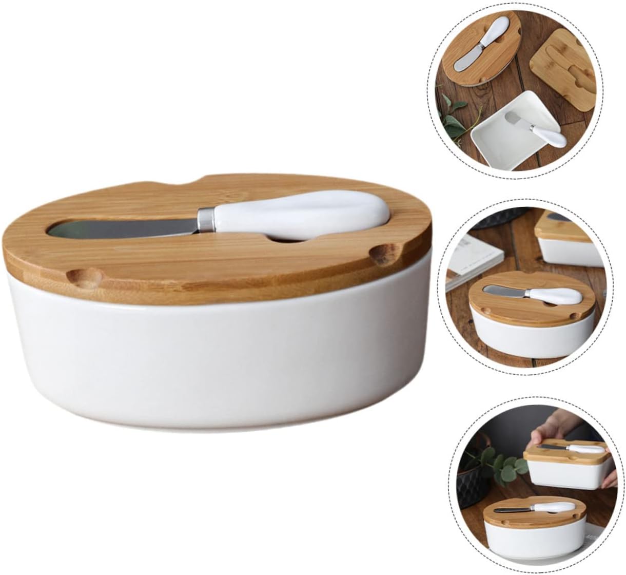 Ter Storage Box Ceramic Disc Set Bamboo Lid Butter Cutting Tool Butter Preservation for Freezer