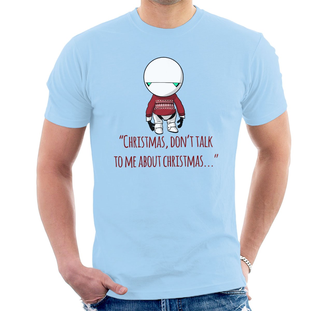 Christmas Marvin The Paranoid Android Hitchhikers Guide to The Galaxy Men's T-Shirt Sky Blue
