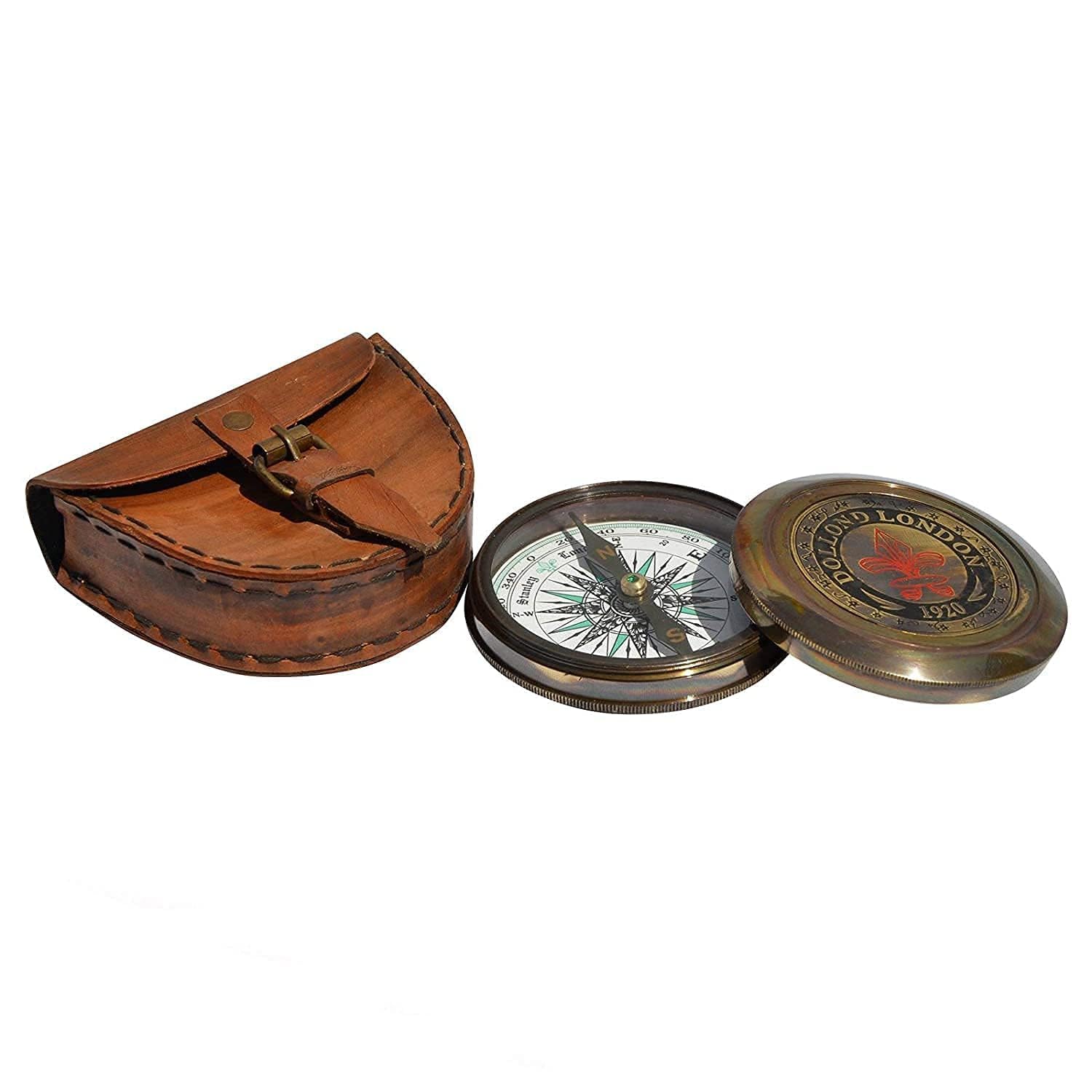 JMM Handmade Vintage Reproduction Brass Antique Compass with Brown Lether Case Directional Finder Pocket Compass for Military Army Outdoor, Hiking, Camping Maritime Vintage Brass Flat Compass-picture-20