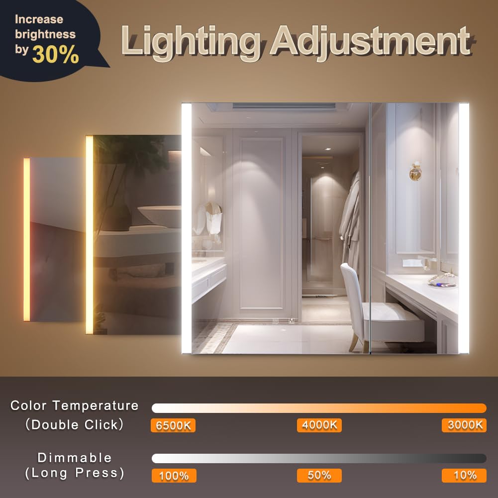 KWW LED Illuminato Bagno Medicine Cabinet con Specchio, Temperatura di Colore Regolabile, Luci Dimmabili Anti-Nebbia, Outlet & USBs, Armadio Medico Montato A Parete (2 ante-80×70)