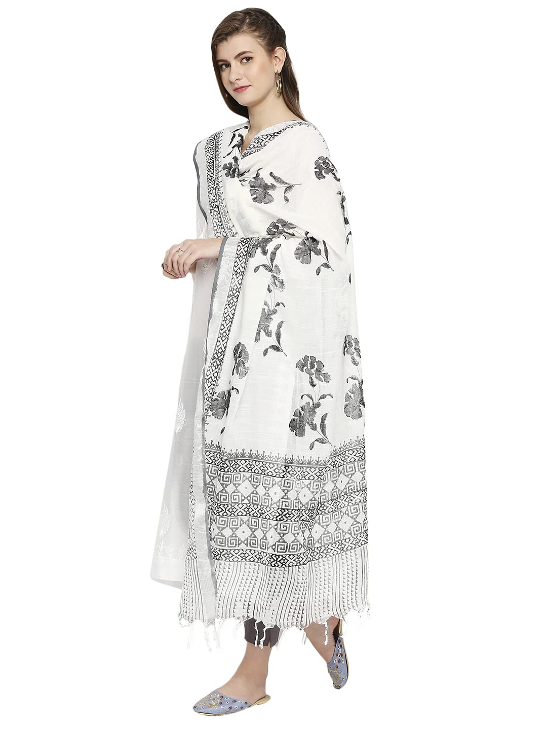 dupatta bazaar Women's White & Grey Hand Painted Blended Silk-picture-38