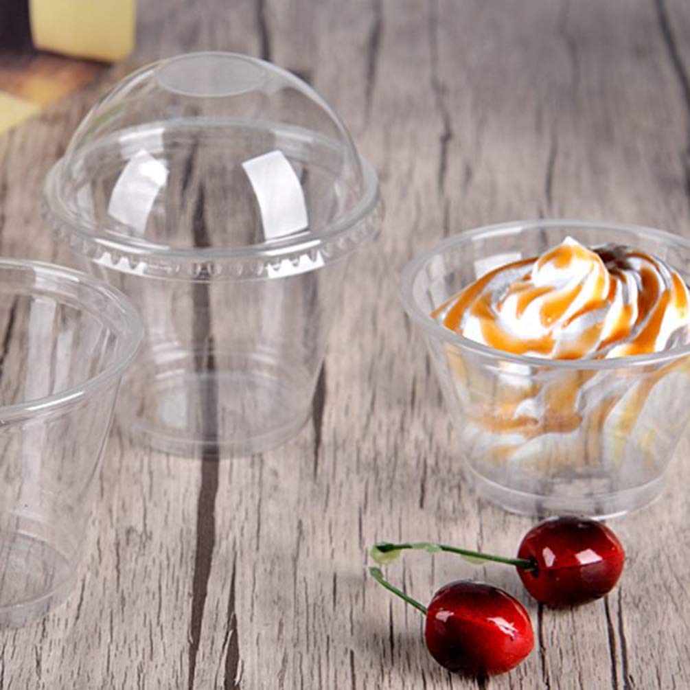 G.M. DISTRIBUZIONE 100 Bicchieri Macedonia in PP da 400ml + 100 Coperchi A Cupola in PS, Bicchieri e Coperchi Trasparenti, Bicchiere Riutilizzabile Alta Qualità per Bar e Gelaterie
