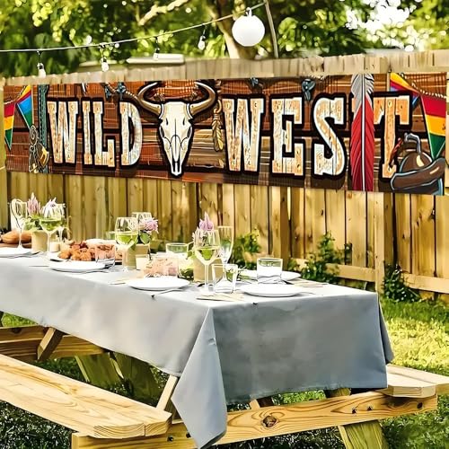 Image of 78.7 x 17.7 Inch Wild West Banner Cowboy Theme Party Yard Decorations Rustic Wood Bull Skull Summer Outdoor Decor Fence Sign
