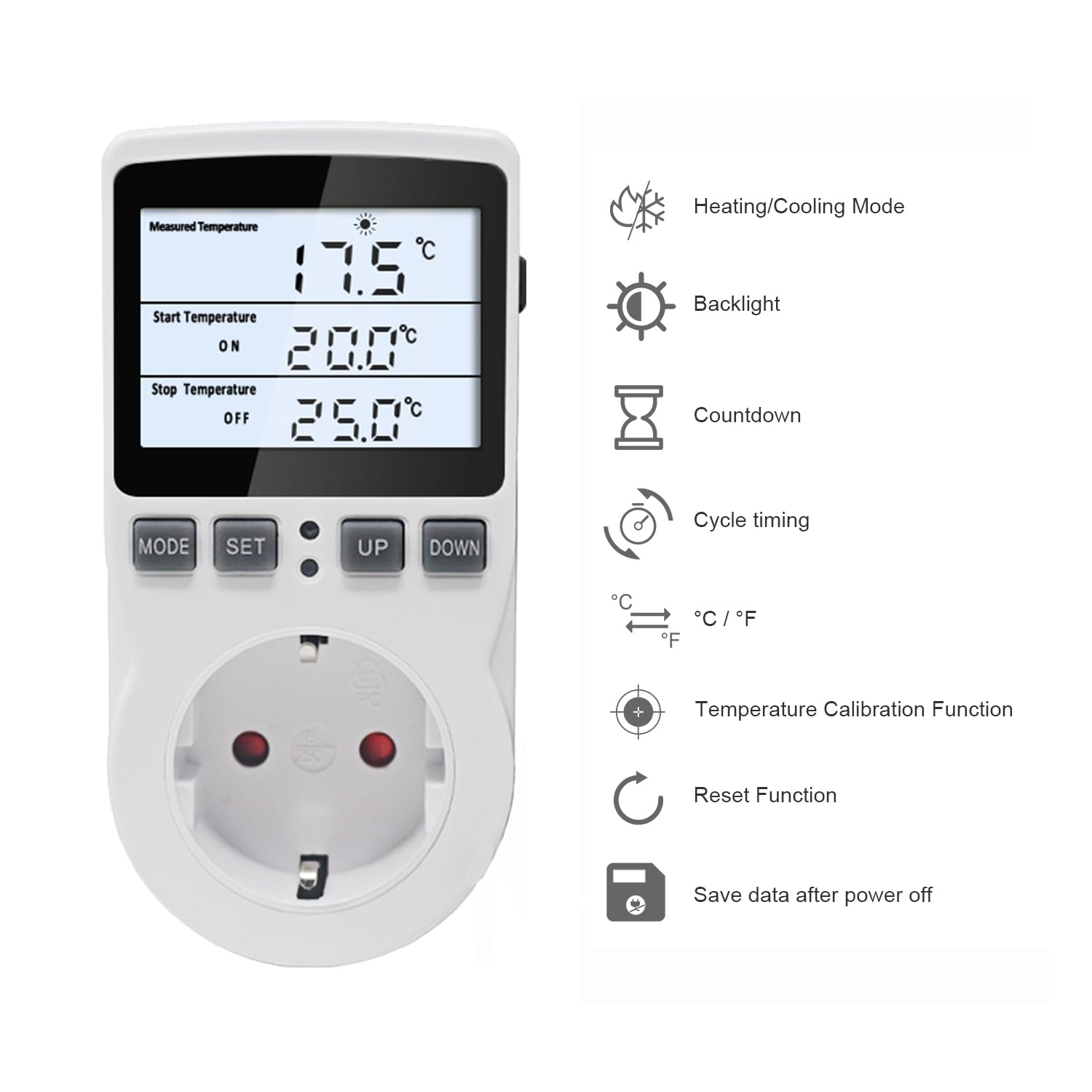 KETOTEK Termostat gniazdko 230 V z podświetleniem, cyfrowy regulator temperatury, gniazdko z czujnikiem 3 m, ogrzewanie, chłodzenie, sterowane temperaturą, gniazdko 220 V