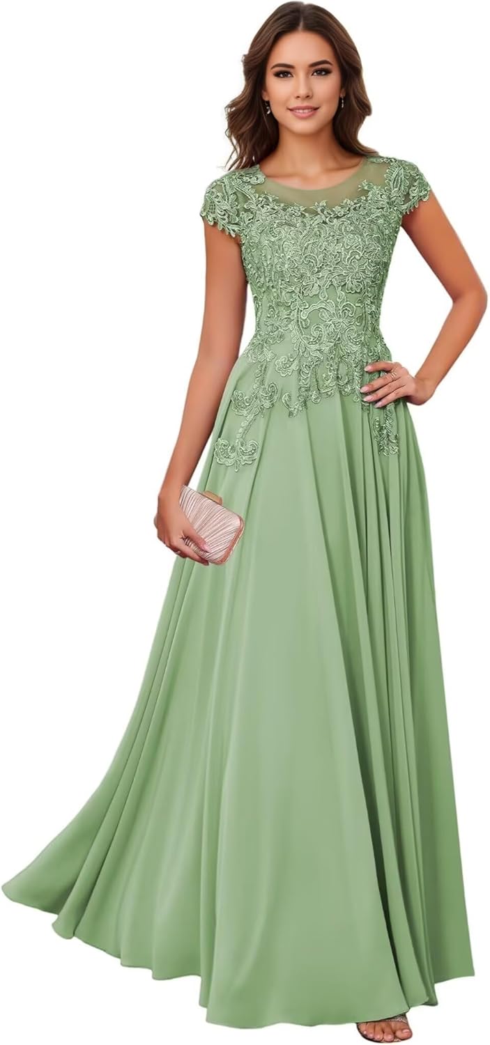 Mother of The Bride Dresses O Neck Lace Appliques Wedding Guest Dresses Chiffon Long Formal Dress Cap Sleeve
