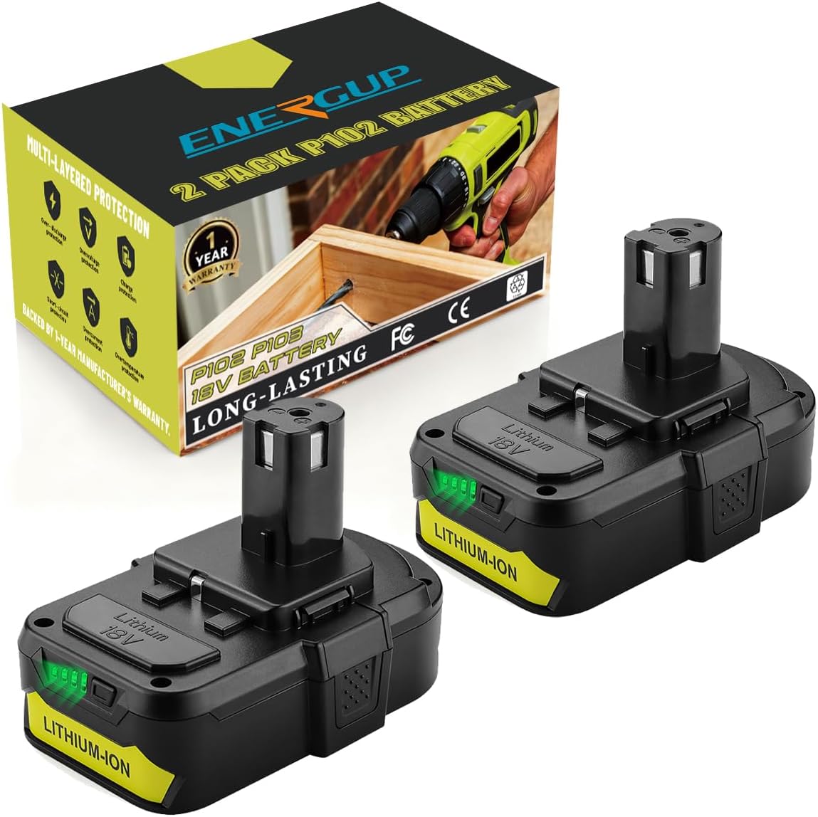 energup 2-Pack 3.8Ah Replacement for Ryobi 18V Batteries P108 P104 P105 P102 P103 P122 P109