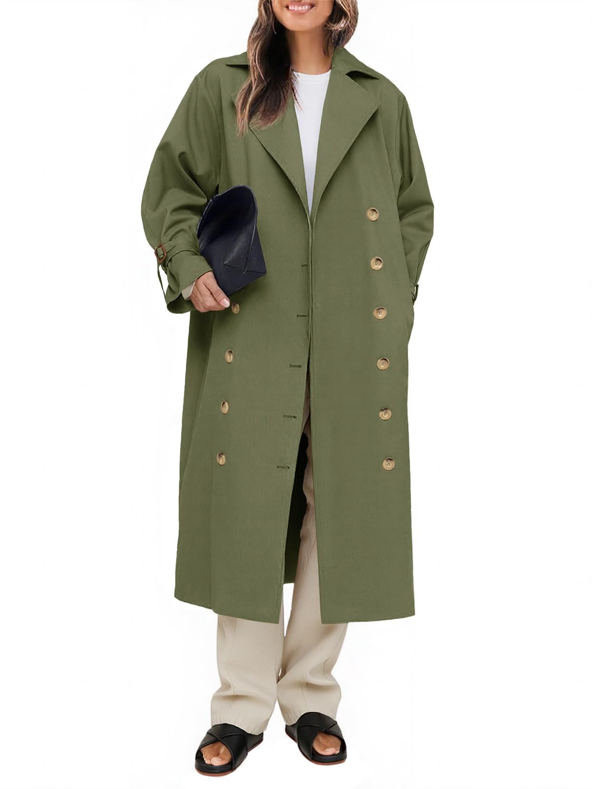 Womens Long Trench Coat Oversized Double Breasted Windproof Classic Lapel Casual Fall Overcoat-image-25