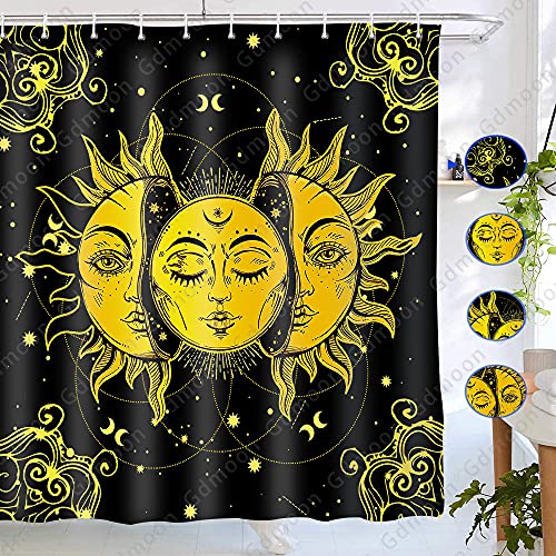 Gdmoon Sun And Moon Shower Curtain Psychedelic Mystic Mandala Traditional Bohemian Hippie Artwork Wizard Divination Tarot Black Golden Bathroom Shower Curtains Set With 12 Hooks 72X72In Ylwhgd565 #TOP3