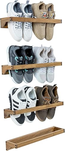 MyGift Juego de 2 zapateros de madera maciza montados en la pared con acabado rústico de madera quemada, soporte colgante para calzado para armario,