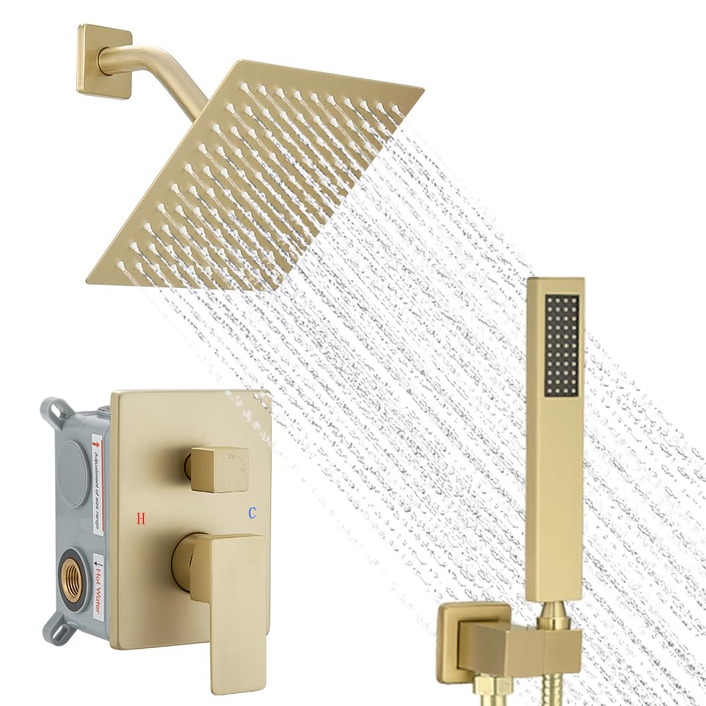 Brushed Gold Shower System, 8 Inch High Pressure Rain Shower with Handheld, Wall Mount Shower Faucet Set for Bathroom, Rough-in Valve Body and Trim Included