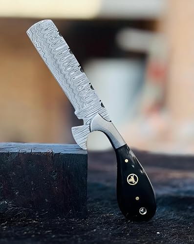 Miniatura 3 de s Knives - Cuchillo cortador de toros de Damasco hecho a mano de 8 pulgadas con funda de cuero, cuchillo vaquero occidental para caza, desollado,