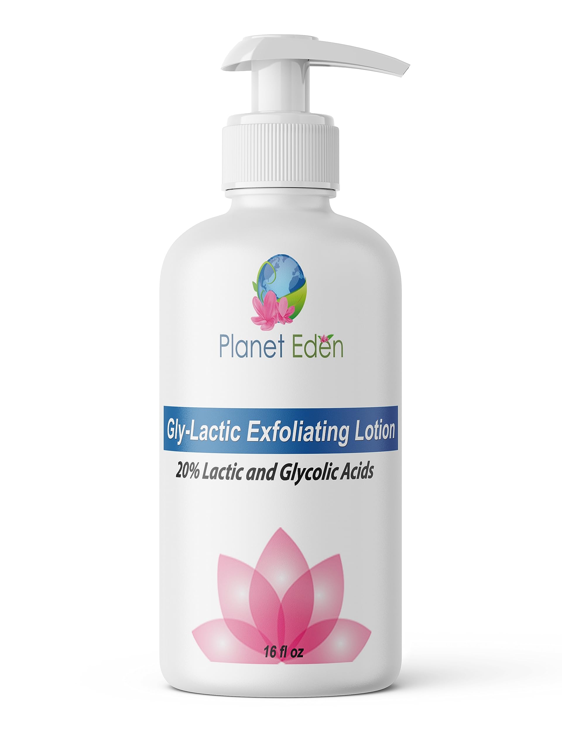 Planet Eden 20% Gly-Lactic Acid Face and Body Skin Cream Exfoliating Lotion - 10% Glycolic and 10% lactic Acid for Exfoliation (16 oz) with Hyaluronic