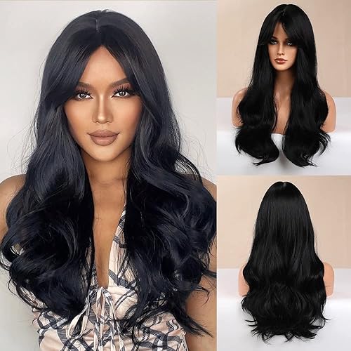 HAIRCUBE Long Wavy Black Wigs for Women Synthetic Wig with Bangs Long Curly Natural Looking Hair 24 Inch