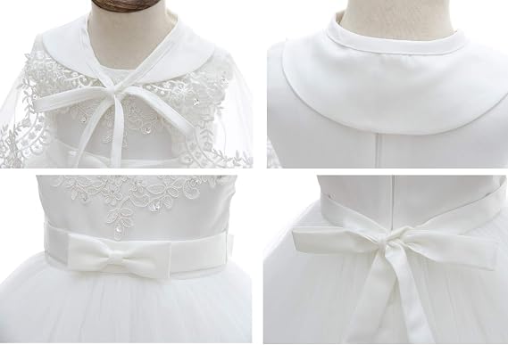 Baby Girls Christening Baptism Dress Satin Tulle Gown with Lace Cape for Flower Girl and Birthday
